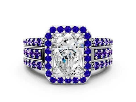 White gold Pear Cut Halo Diamond Ring with Round with Tanzanite side stone Split Shank and Prong Setting_12