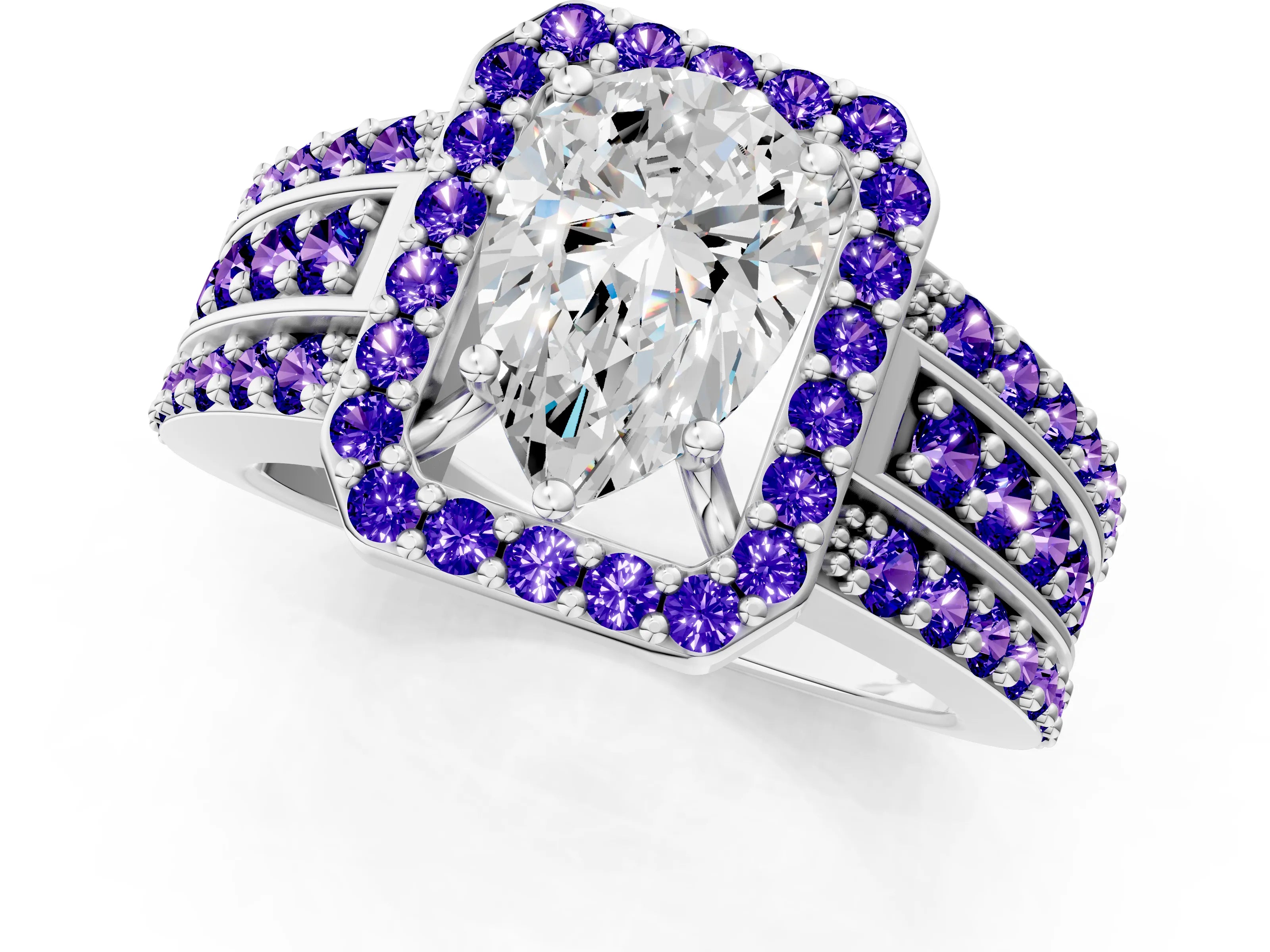 White gold Pear Cut Halo Diamond Ring with Round with Tanzanite side stone Split Shank and Prong Setting_13
