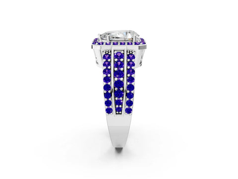 White gold Pear Cut Halo Diamond Ring with Round with Tanzanite side stone Split Shank and Prong Setting_14