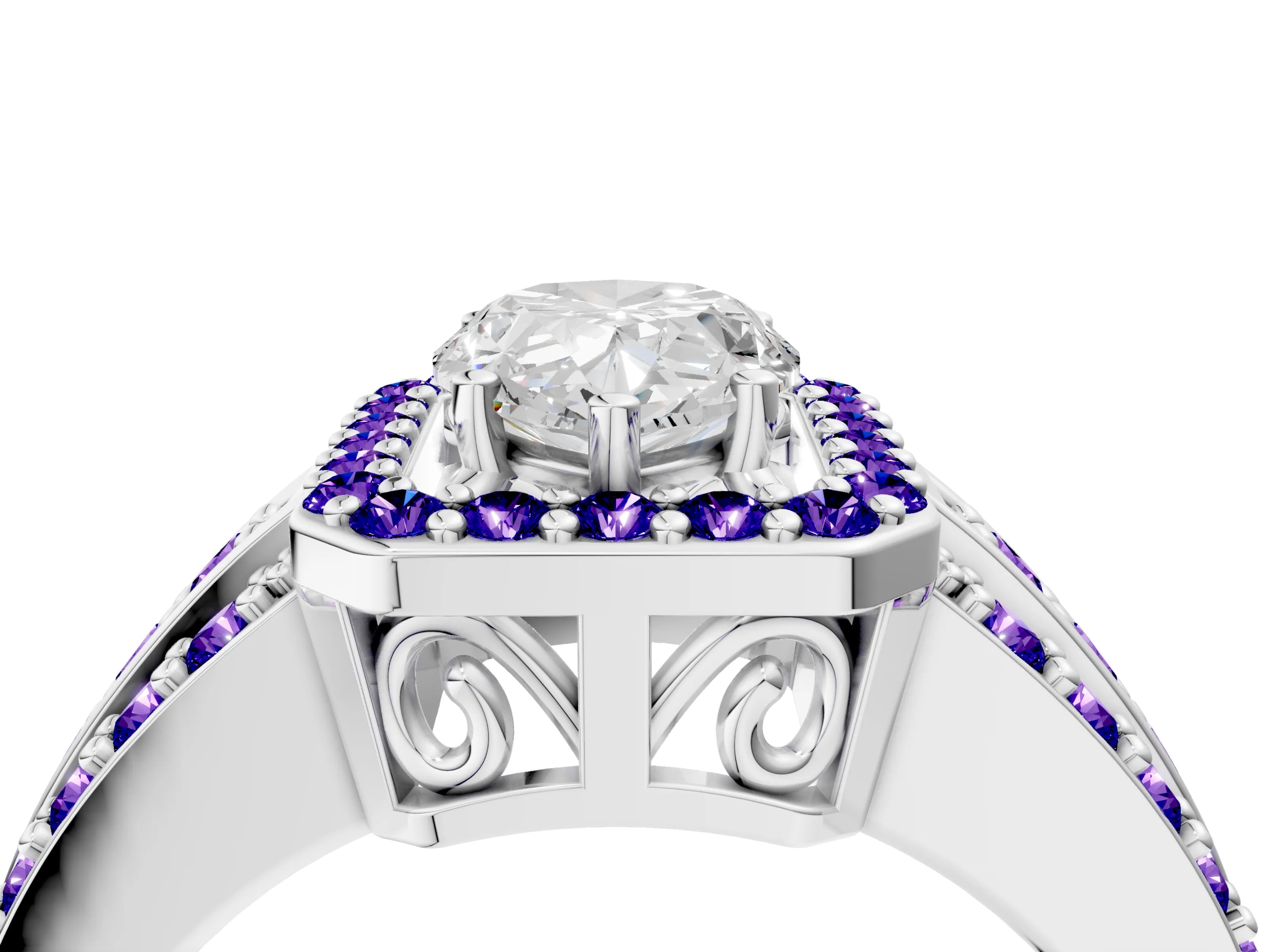 White gold Pear Cut Halo Diamond Ring with Round with Tanzanite side stone Split Shank and Prong Setting_16