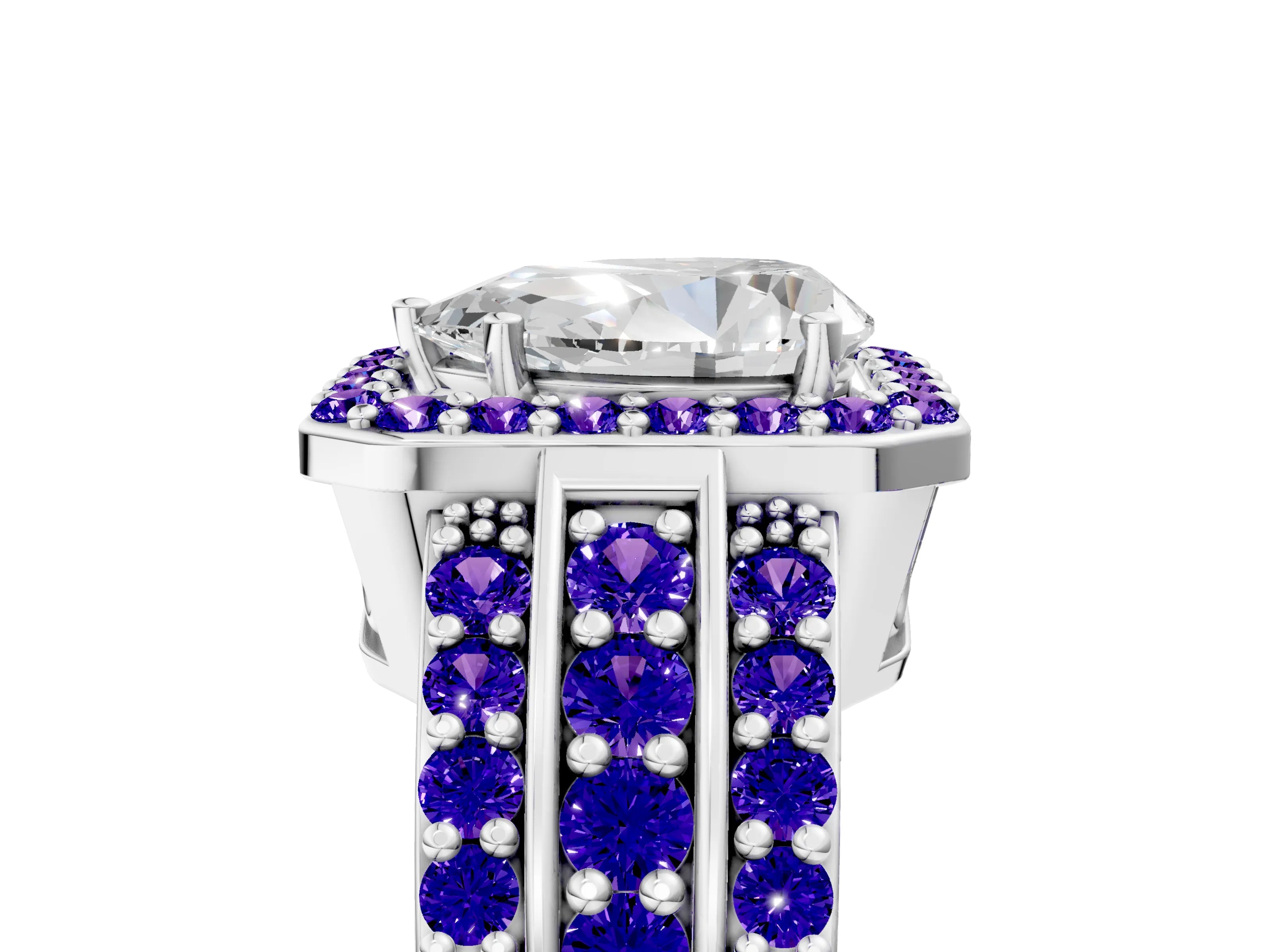 White gold Pear Cut Halo Diamond Ring with Round with Tanzanite side stone Split Shank and Prong Setting_17