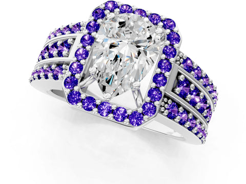 White gold Pear Cut Halo Diamond Ring with Round with Tanzanite side stone Split Shank and Prong Setting_19