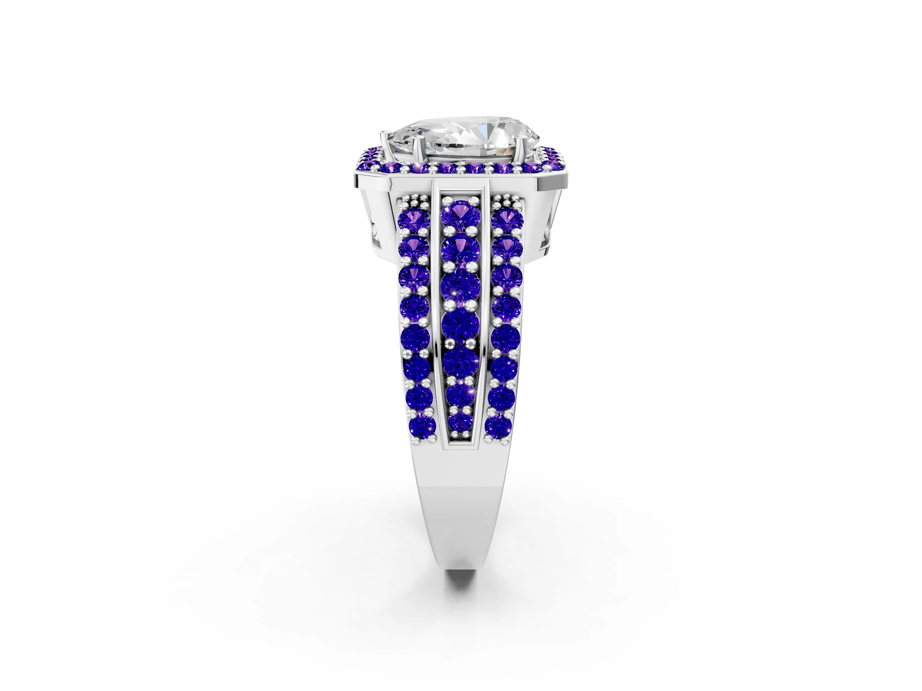 White gold Pear Cut Halo Diamond Ring with Round with Tanzanite side stone Split Shank and Prong Setting_2