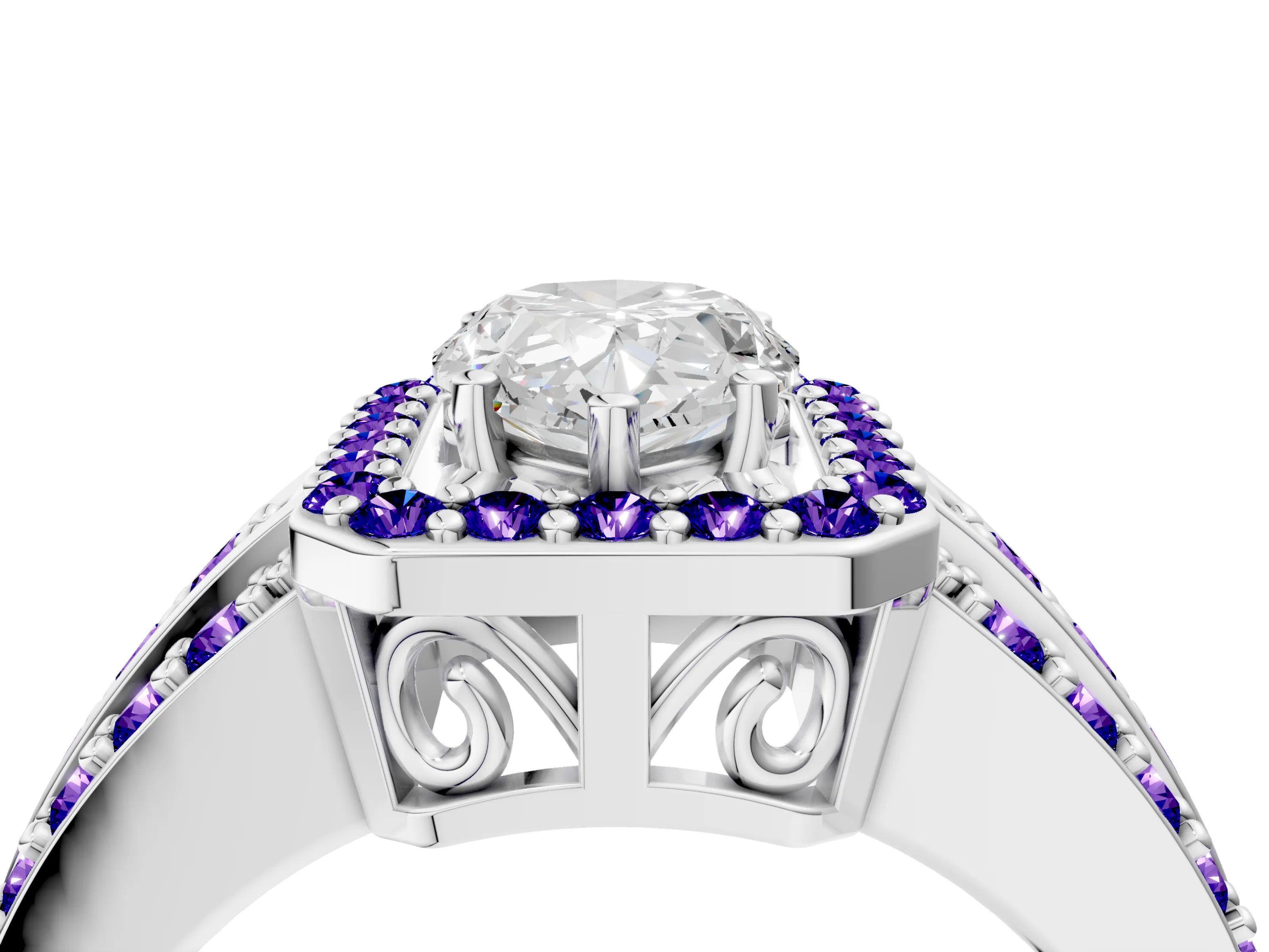 White gold Pear Cut Halo Diamond Ring with Round with Tanzanite side stone Split Shank and Prong Setting_22