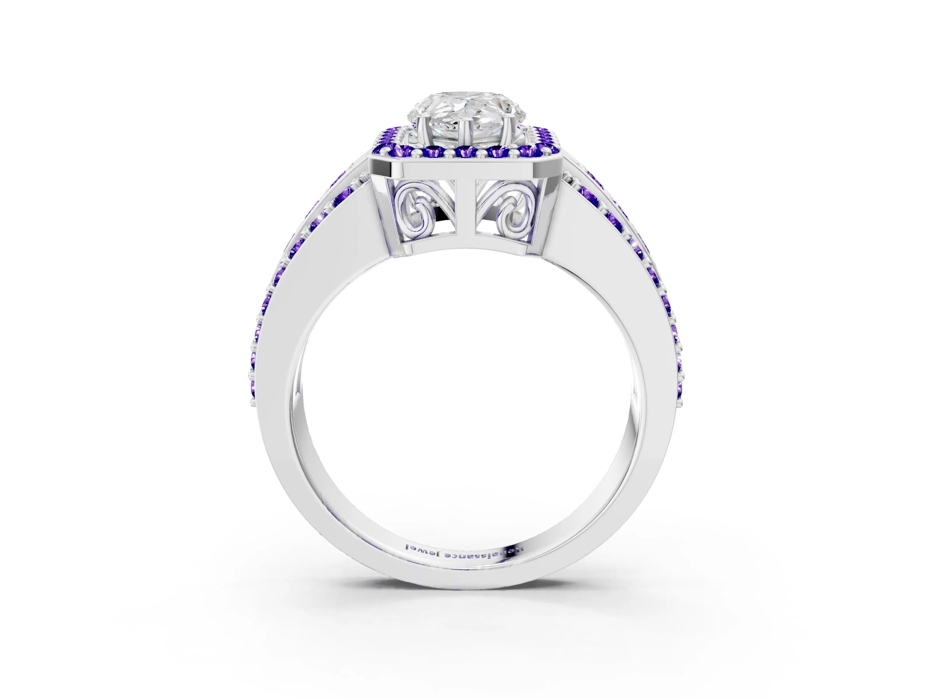 White gold Pear Cut Halo Diamond Ring with Round with Tanzanite side stone Split Shank and Prong Setting_3