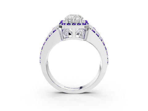 White gold Pear Cut Halo Diamond Ring with Round with Tanzanite side stone Split Shank and Prong Setting_3