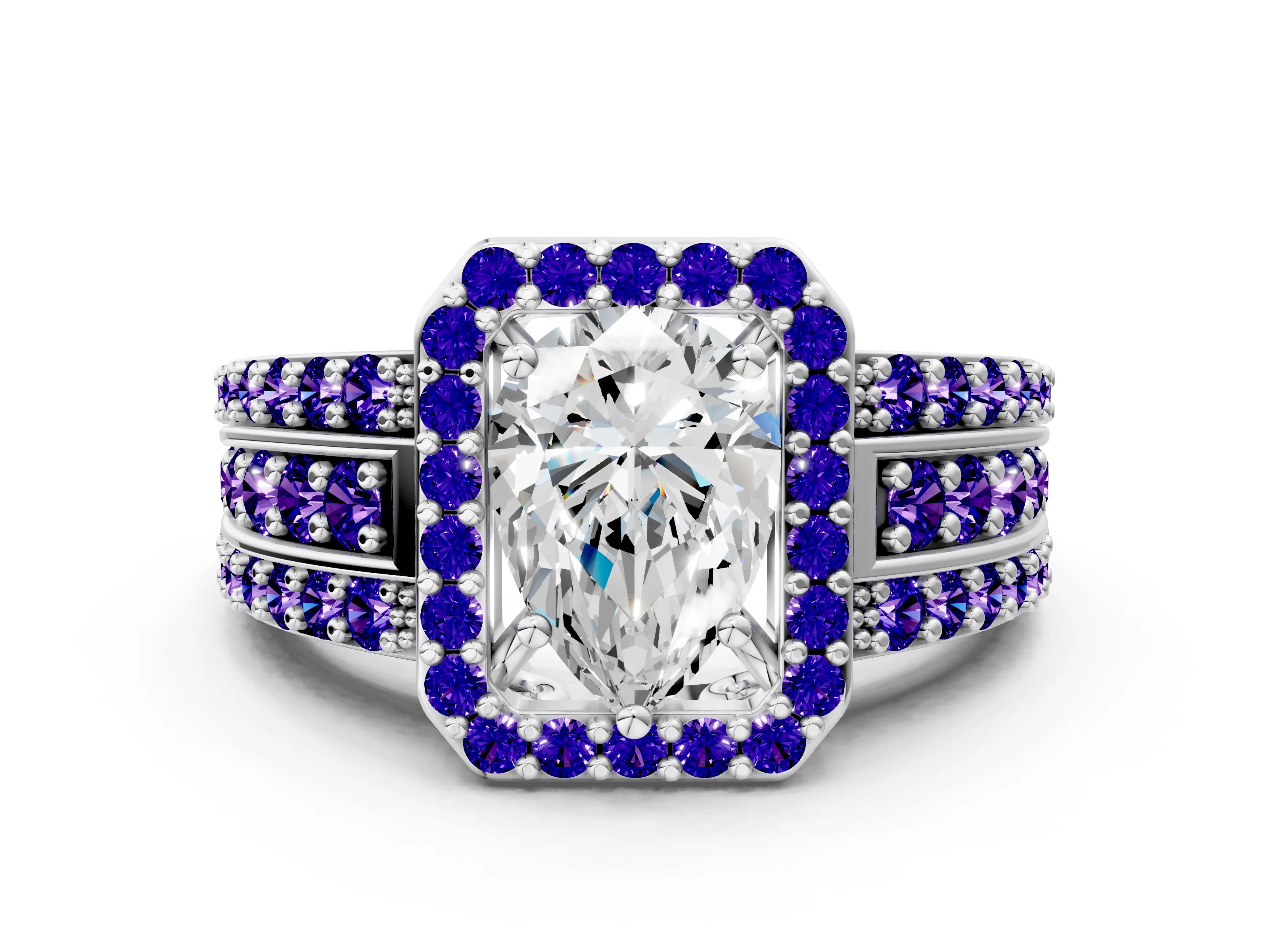 White gold Pear Cut Halo Diamond Ring with Round with Tanzanite side stone Split Shank and Prong Setting