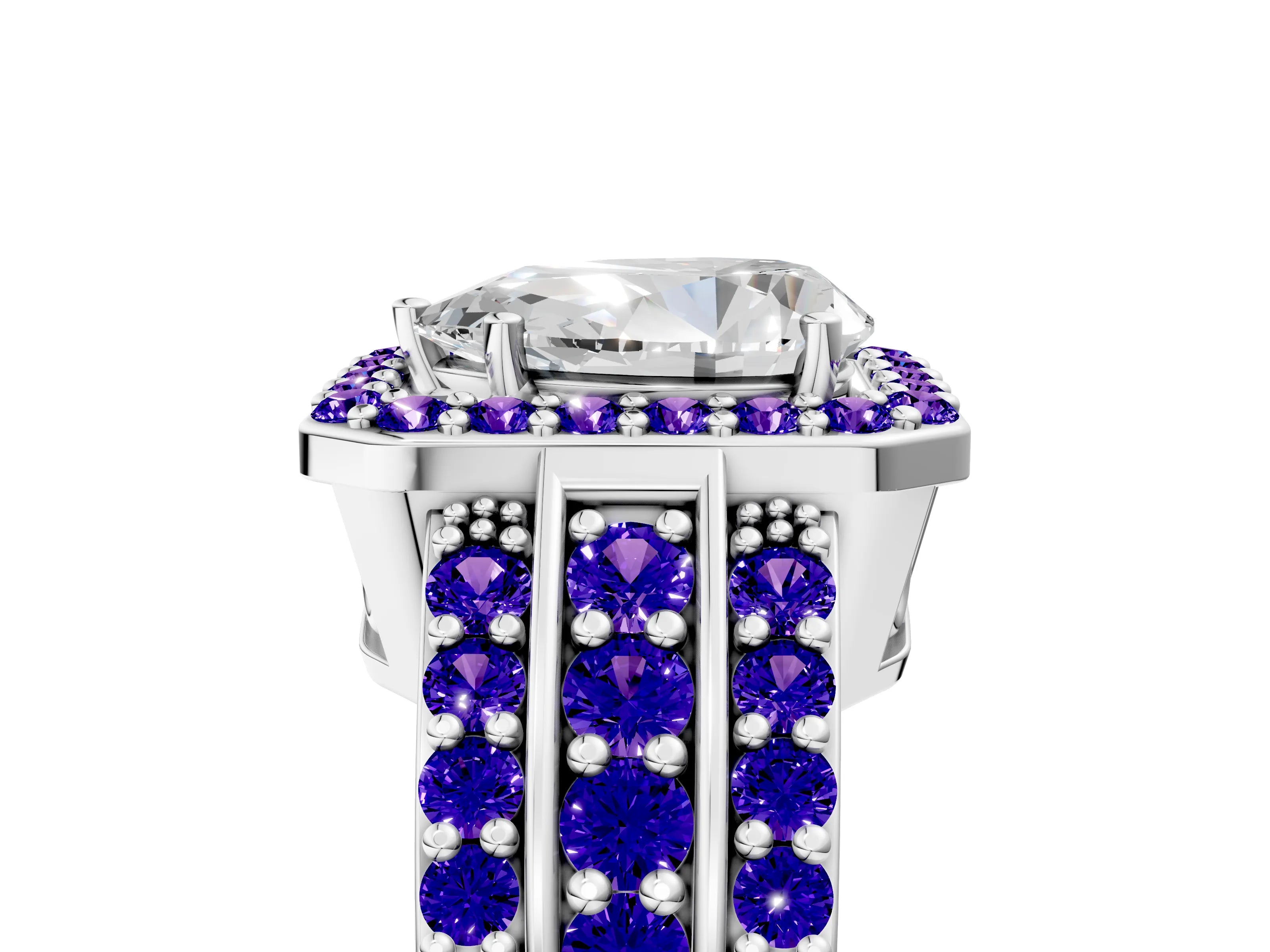 White gold Pear Cut Halo Diamond Ring with Round with Tanzanite side stone Split Shank and Prong Setting_5