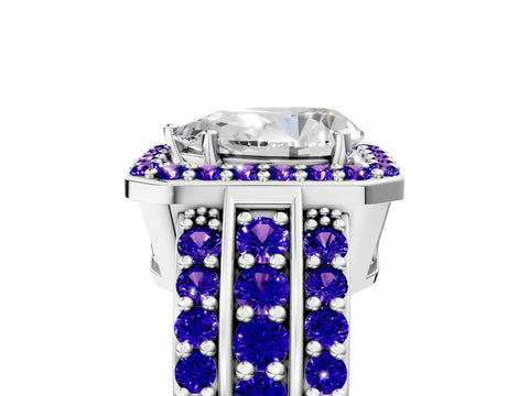 White gold Pear Cut Halo Diamond Ring with Round with Tanzanite side stone Split Shank and Prong Setting_5