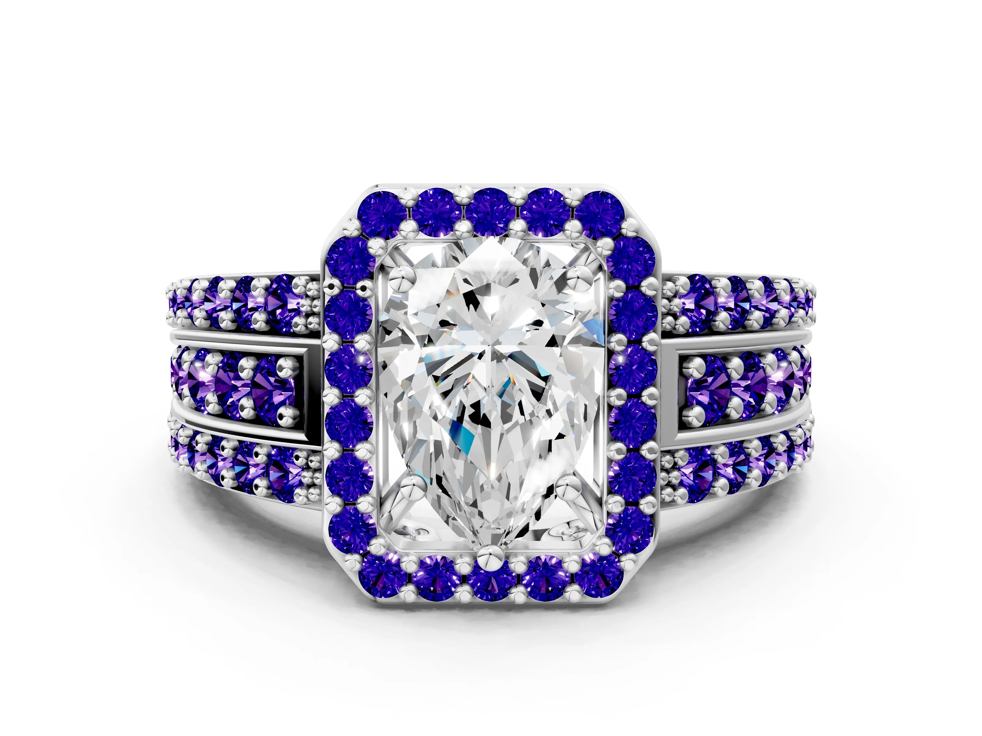 White gold Pear Cut Halo Diamond Ring with Round with Tanzanite side stone Split Shank and Prong Setting_6