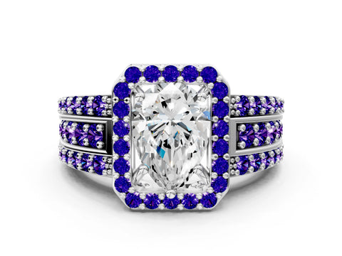 White gold Pear Cut Halo Diamond Ring with Round with Tanzanite side stone Split Shank and Prong Setting_6