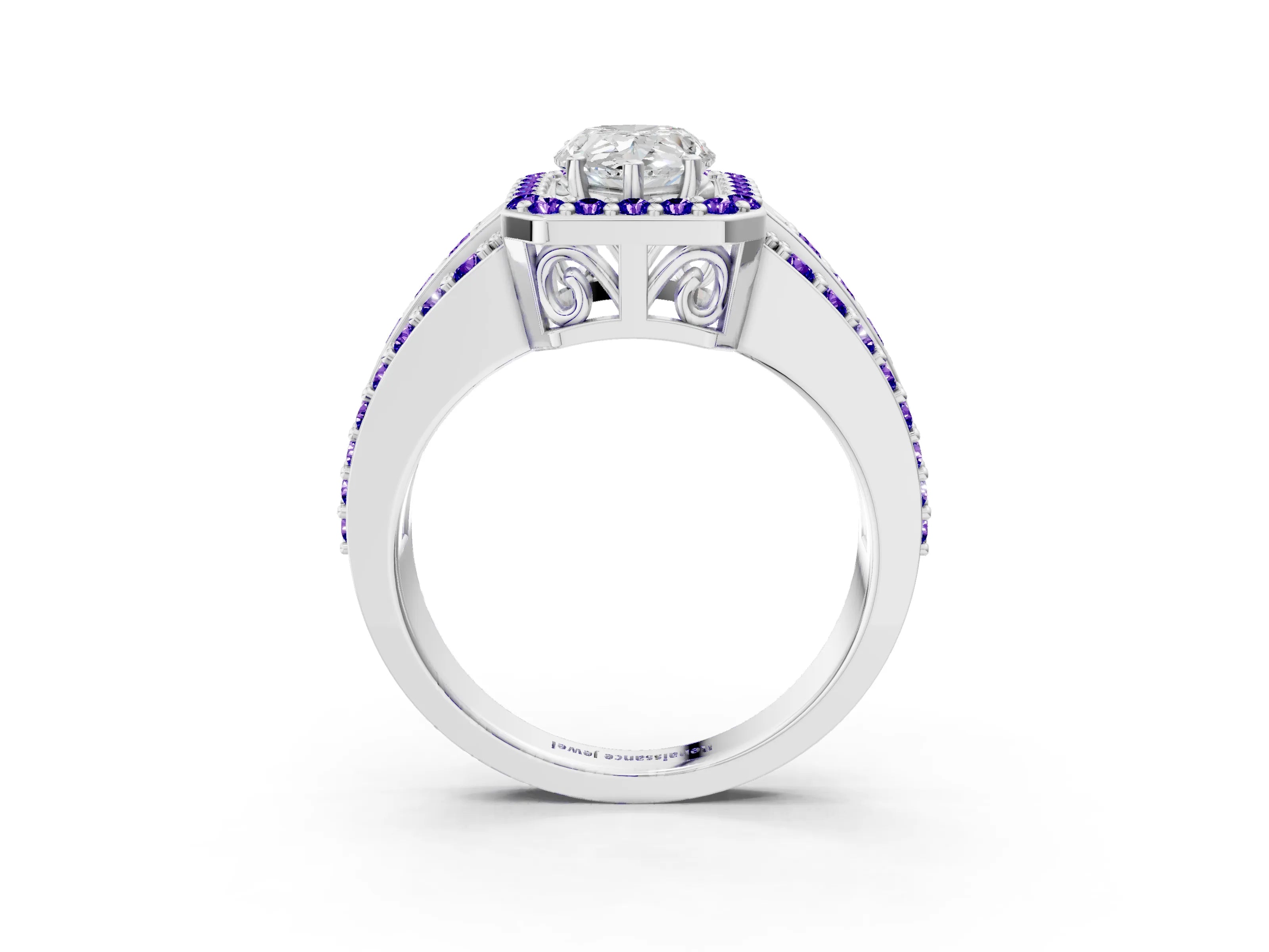 White gold Pear Cut Halo Diamond Ring with Round with Tanzanite side stone Split Shank and Prong Setting_9