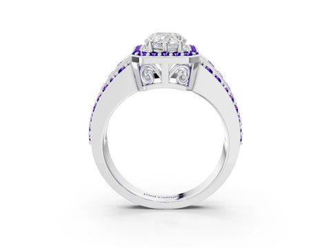 White gold Pear Cut Halo Diamond Ring with Round with Tanzanite side stone Split Shank and Prong Setting_9