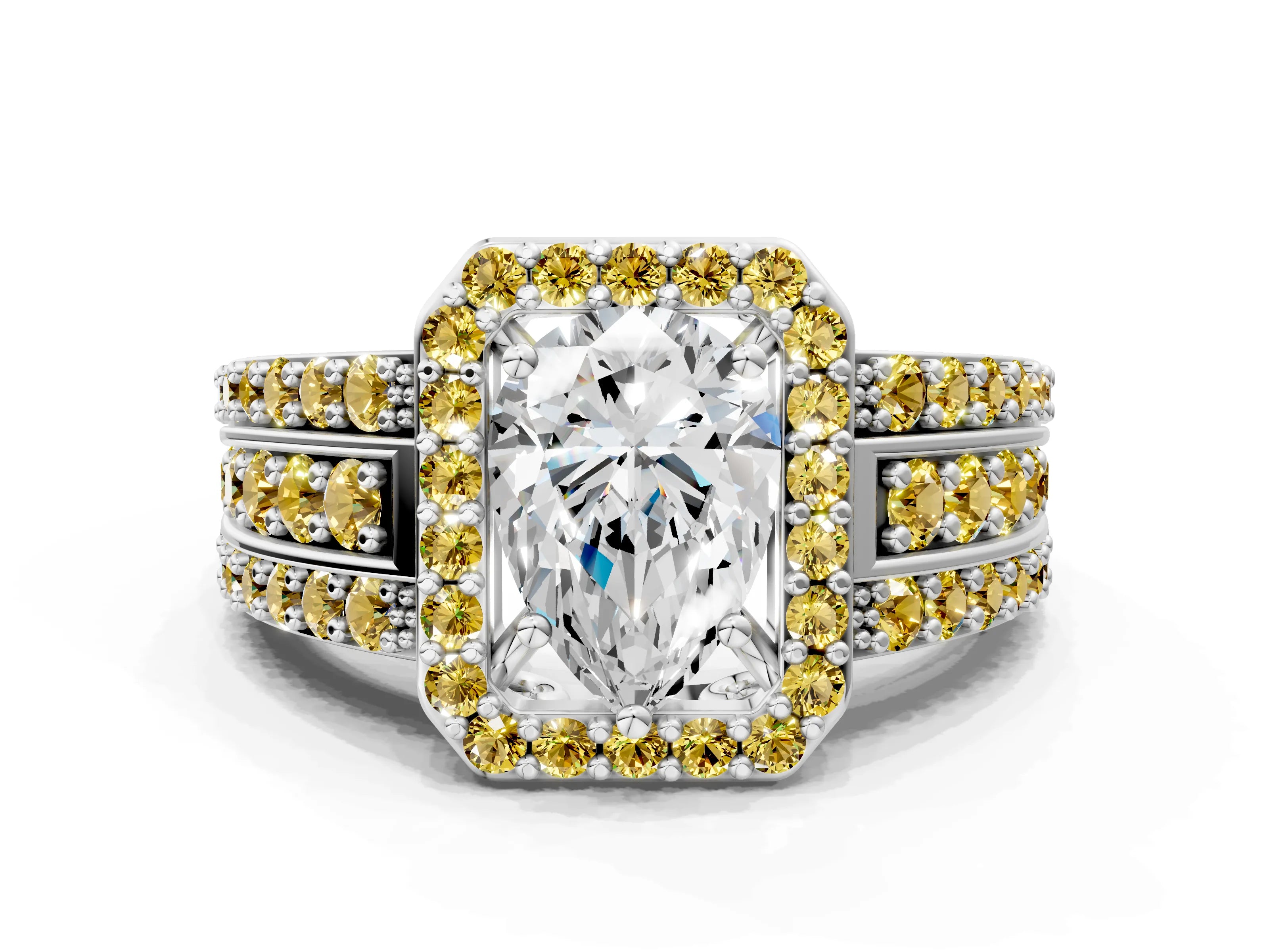 White gold Pear Cut Halo Diamond Ring with Round with Yellow Sapphire side stone Split Shank and Prong Setting_24