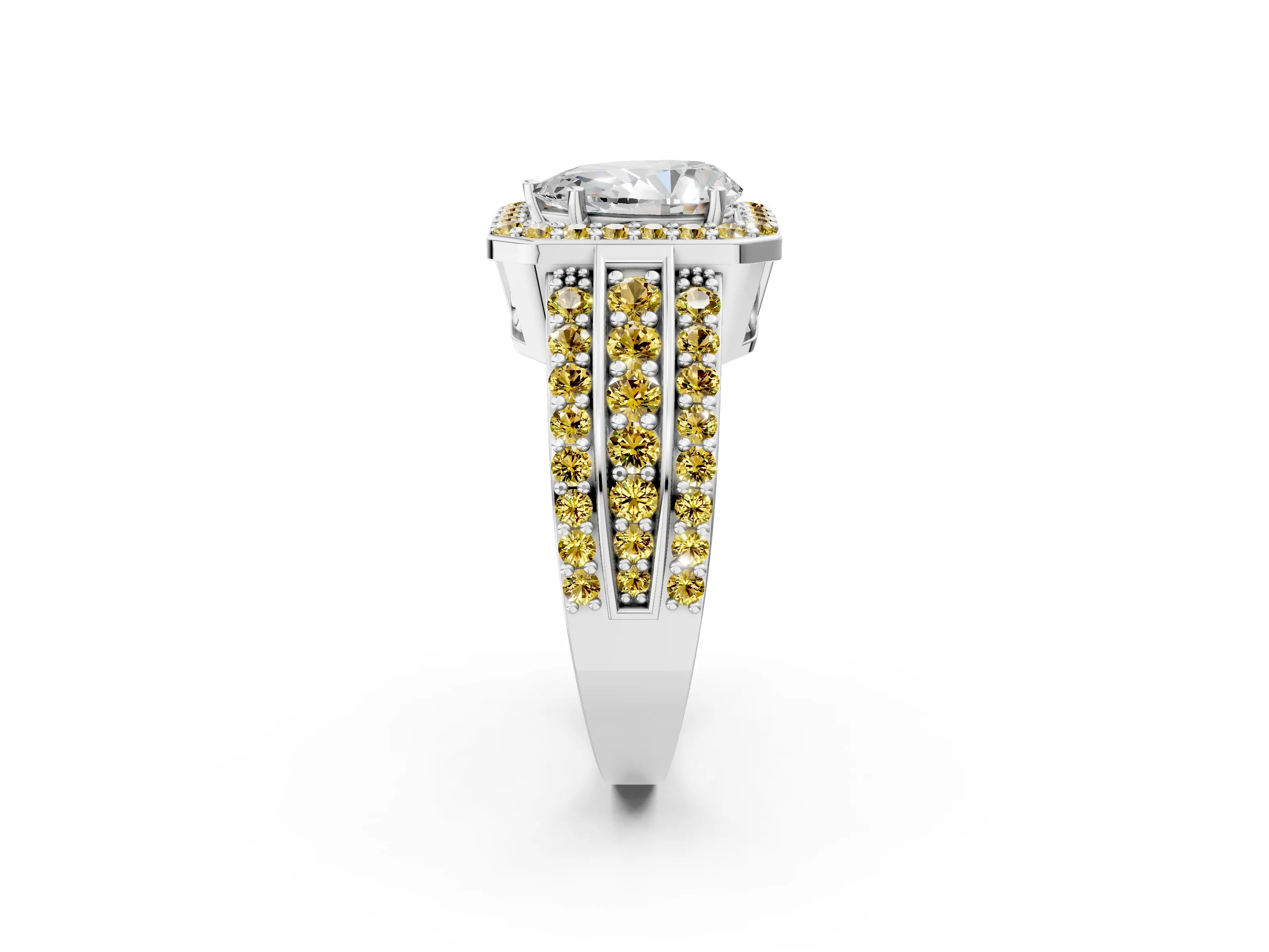 White gold Pear Cut Halo Diamond Ring with Round with Yellow Sapphire side stone Split Shank and Prong Setting_26