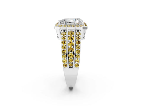 White gold Pear Cut Halo Diamond Ring with Round with Yellow Sapphire side stone Split Shank and Prong Setting_26
