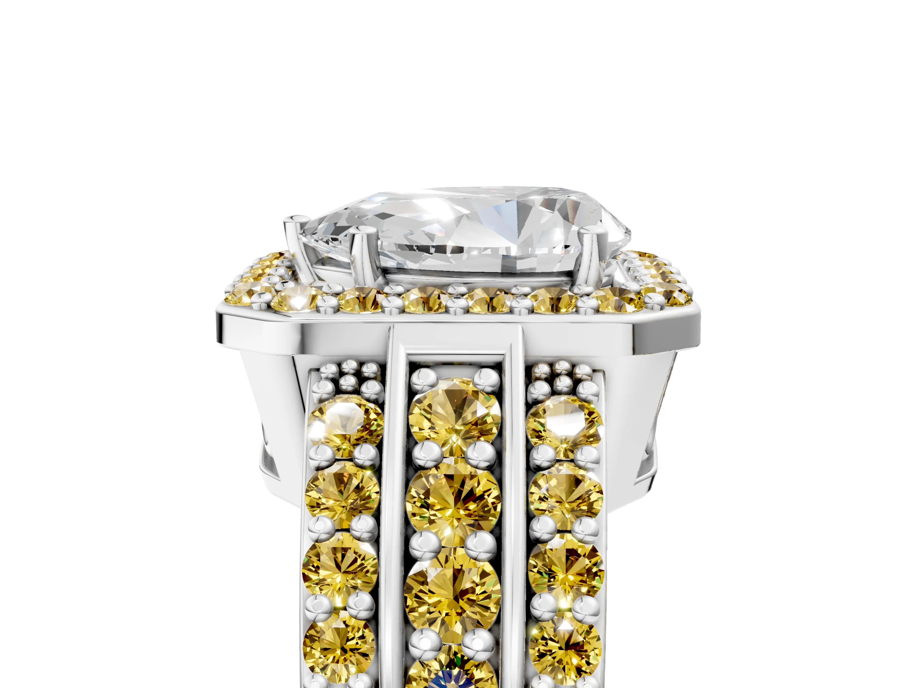 White gold Pear Cut Halo Diamond Ring with Round with Yellow Sapphire side stone Split Shank and Prong Setting_29