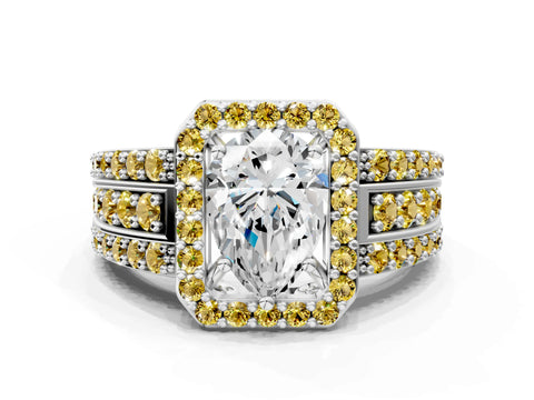 White gold Pear Cut Halo Diamond Ring with Round with Yellow Sapphire side stone Split Shank and Prong Setting_36