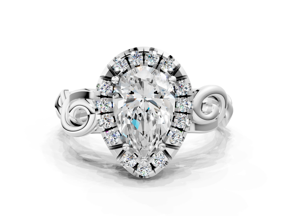 White gold Pear Cut Halo Diamond Ring with Scrollwork Band and Four-Prong Setting_57