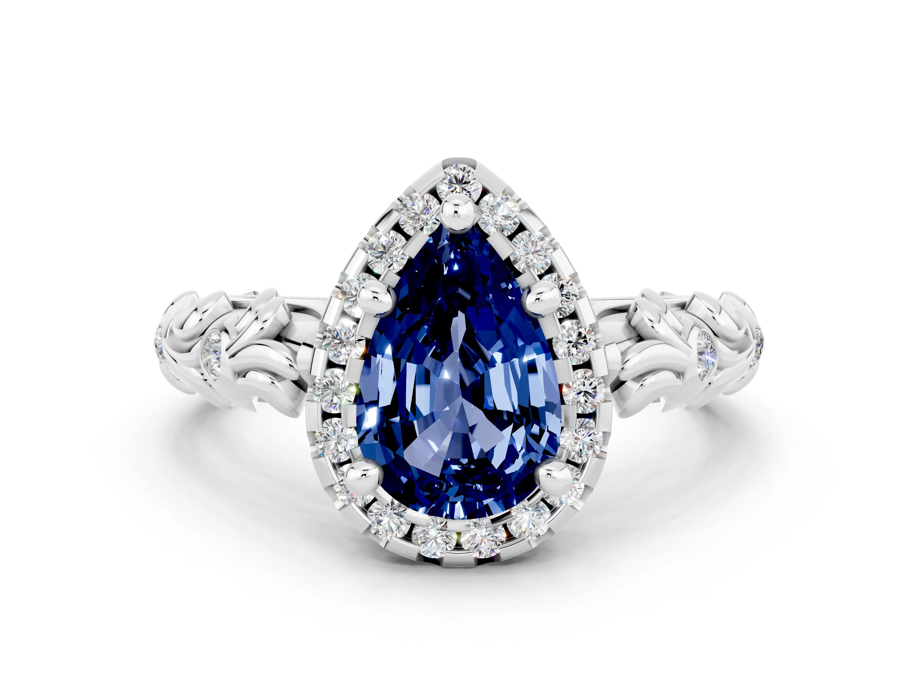 White gold Pear Cut Halo Diamond Solitaire with Filigree Band and Four-Prong Setting