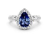 White gold Pear Cut Halo Diamond Solitaire with Filigree Band and Four-Prong Setting