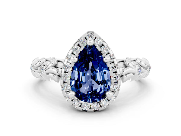 Platinum Pear Cut Blue Sapphire Halo Ring with Filigree Band and Prong Setting