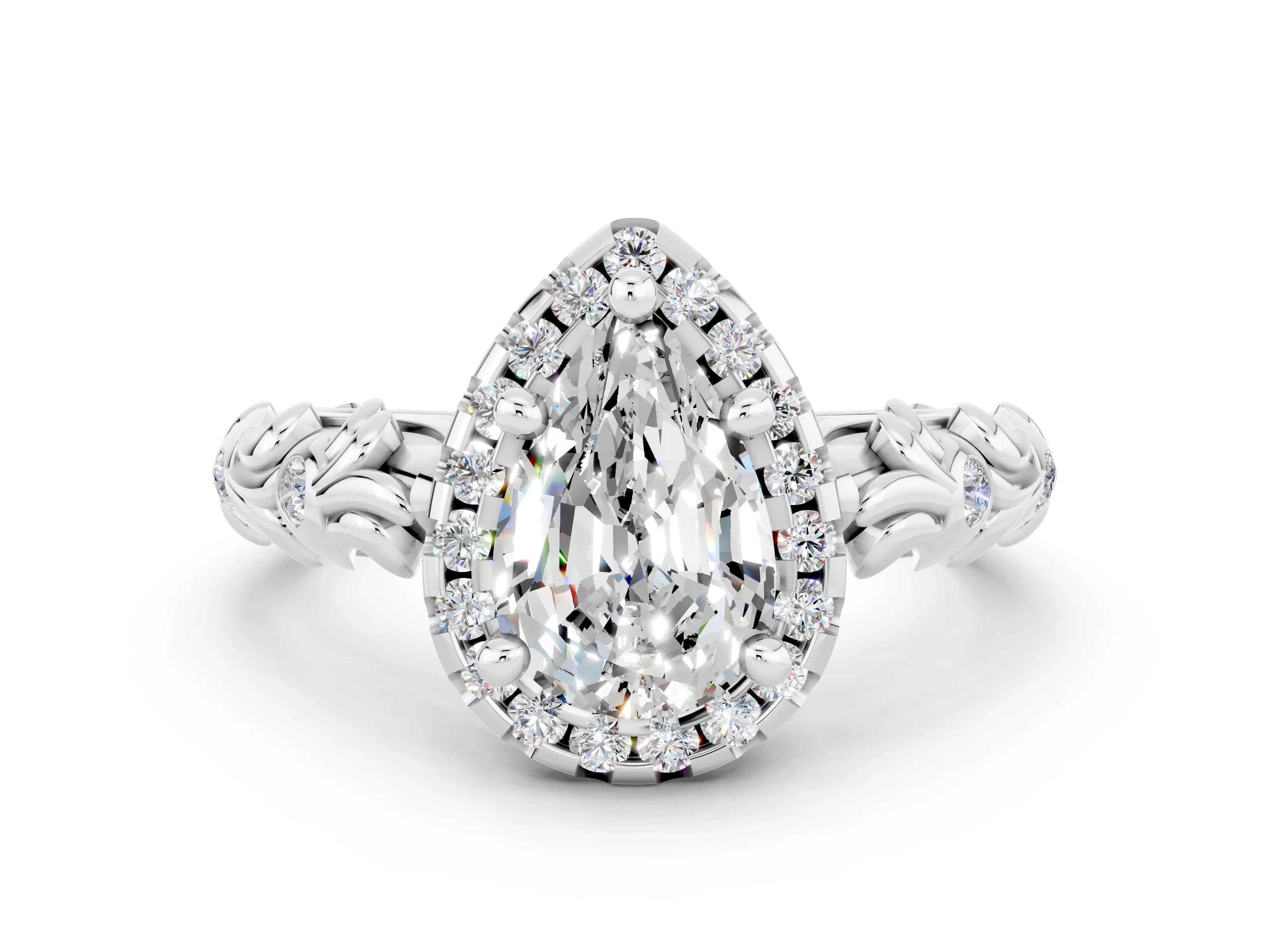 White gold Pear Cut Halo Diamond Solitaire with Filigree Band and Four-Prong Setting