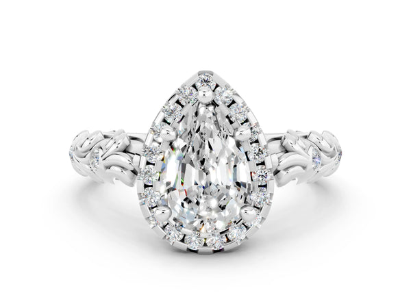 Platinum Pear Cut Moissanite Halo Ring with Filigree Band and Prong Setting