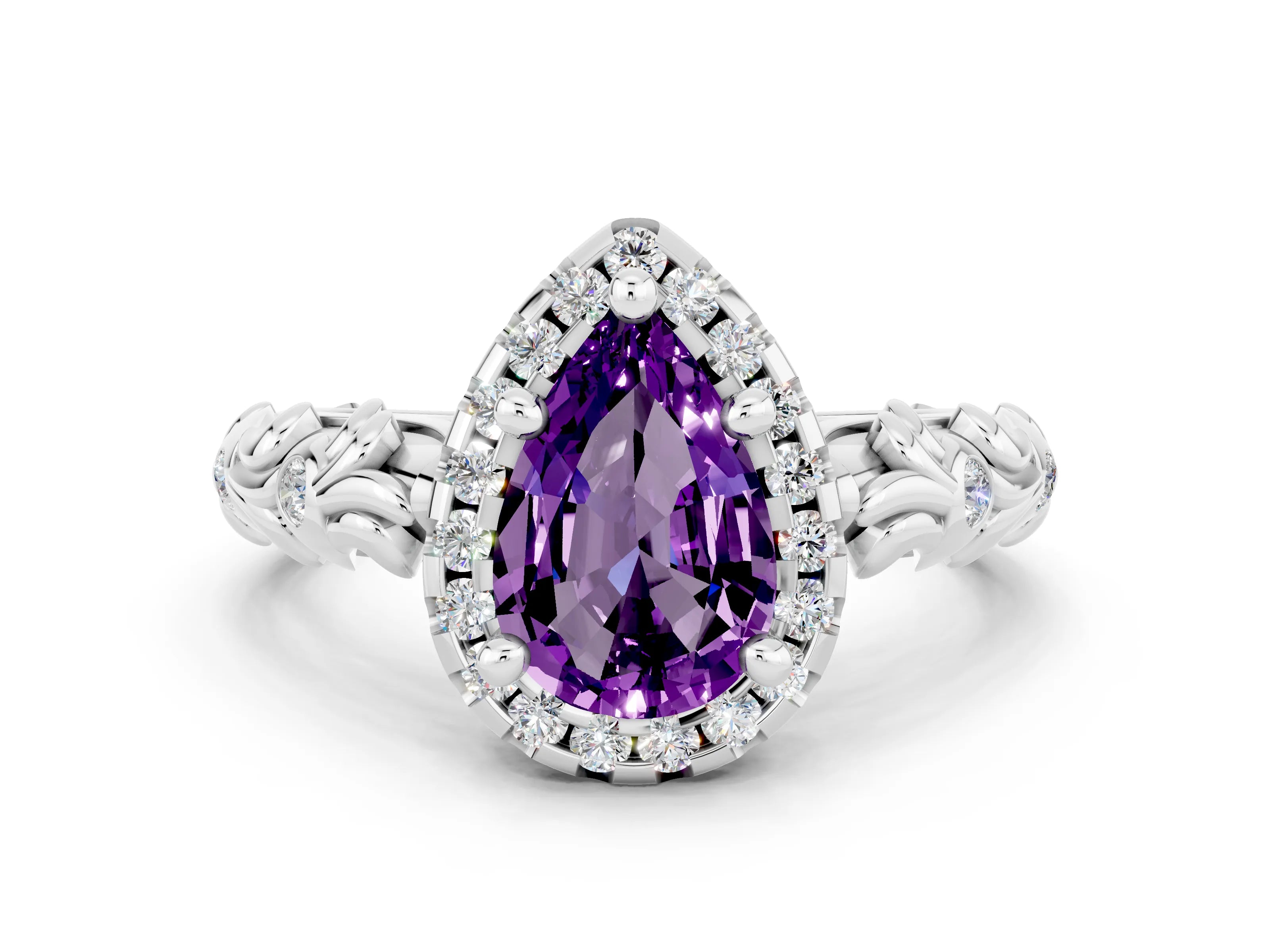 White gold Pear Cut Halo Diamond Solitaire with Filigree Band and Four-Prong Setting
