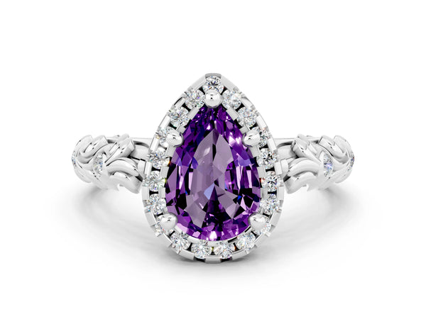Platinum Pear Cut Amethyst Halo Ring with Filigree Band and Prong Setting