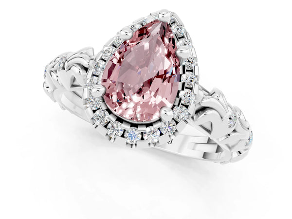 Platinum Pear Cut Halo Diamond Solitaire with Filigree Band and Four-Prong Setting