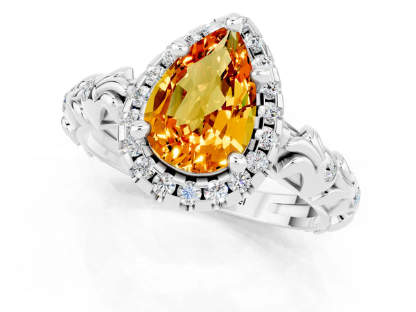 Platinum Pear Cut Citrine Halo Ring with Filigree Band and Prong Setting