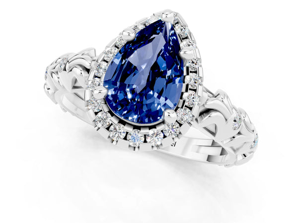 White gold Pear Cut Blue Sapphire Halo Ring with Filigree Band and Prong Setting