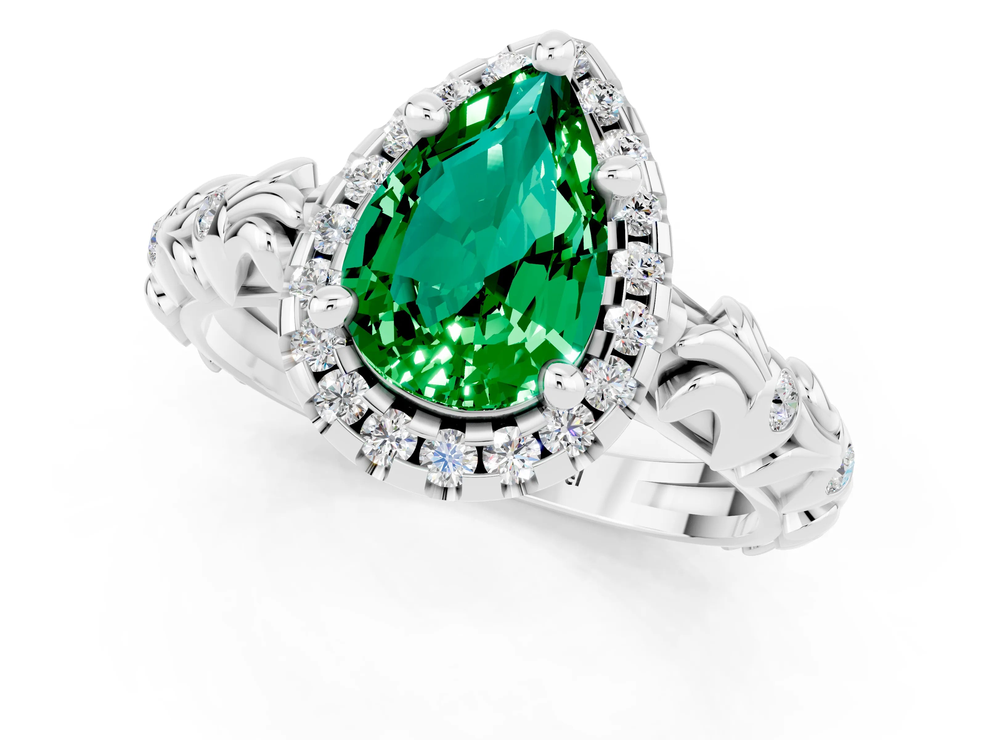 White gold Pear Cut Halo Diamond Solitaire with Filigree Band and Four-Prong Setting_1