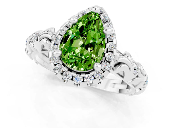 Silver Pear Cut Peridot Halo Ring with Filigree Band and Prong Setting
