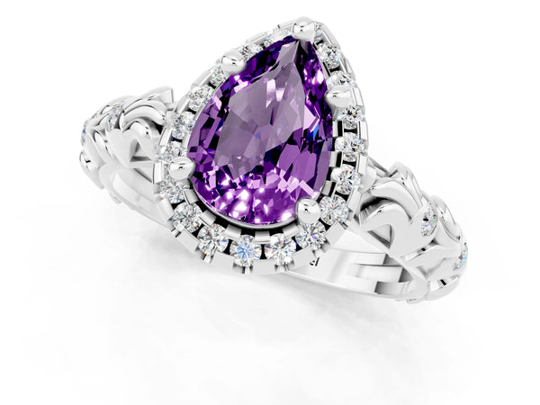 Silver Pear Cut Amethyst Halo Ring with Filigree Band and Prong Setting