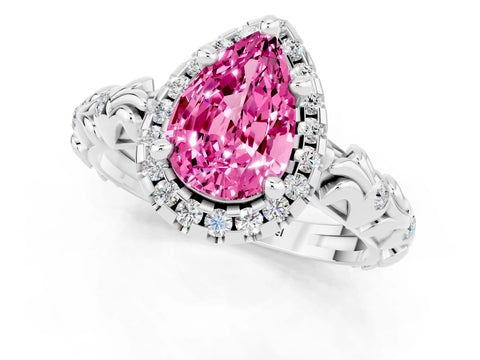 White gold Pear Cut Halo Diamond Solitaire with Filigree Band and Four-Prong Setting_1