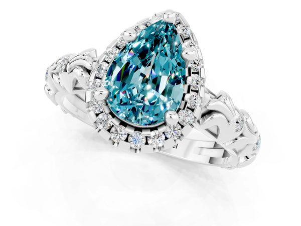 Silver Pear Cut Halo Diamond Solitaire with Filigree Band and Four-Prong Setting