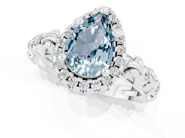 Silver Pear Cut Aquamarine Halo Ring with Filigree Band and Prong Setting