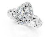 White gold Pear Cut Halo Diamond Solitaire with Filigree Band and Four-Prong Setting_1