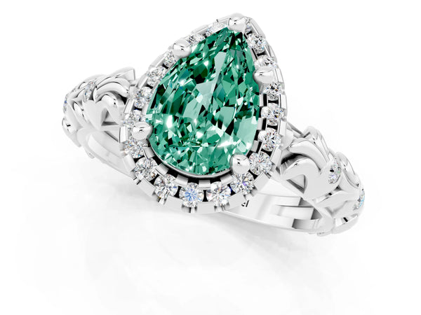 Platinum Pear Cut Green Sapphire Halo Ring with Filigree Band and Prong Setting