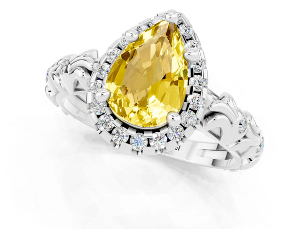 Platinum Pear Cut Yellow Sapphire Halo Ring with Filigree Band and Prong Setting