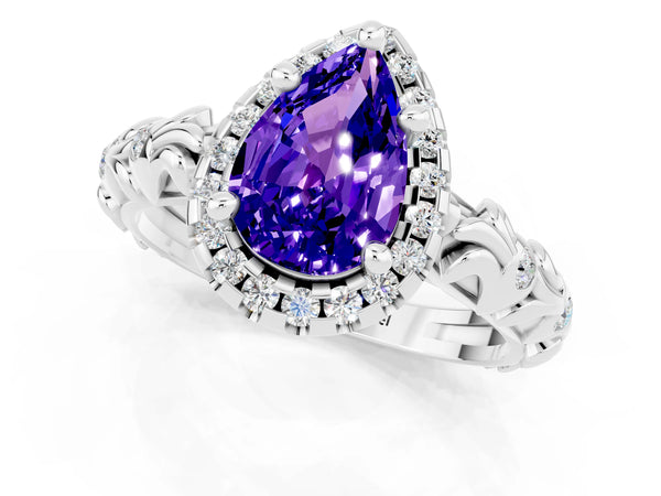 Platinum Pear Cut Tanzanite Halo Ring with Filigree Band and Prong Setting