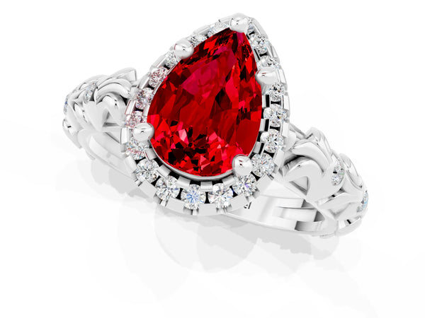 Platinum Pear Cut Ruby Halo Ring with Filigree Band and Prong Setting
