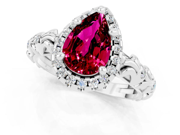 White gold Pear Cut Garnet Halo Ring with Filigree Band and Prong Setting