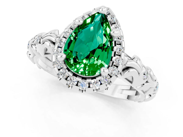 Silver Pear Cut Emerald Halo Ring with Filigree Band and Prong Setting