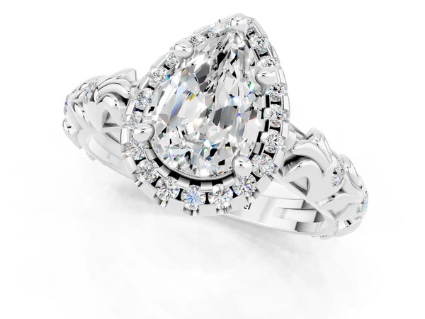White gold Pear Cut Moissanite Halo Ring with Filigree Band and Prong Setting