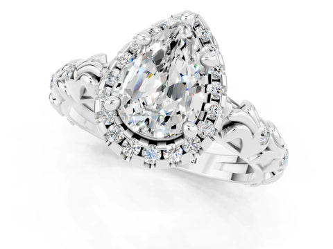 White gold Pear Cut Halo Diamond Solitaire with Filigree Band and Four-Prong Setting_1