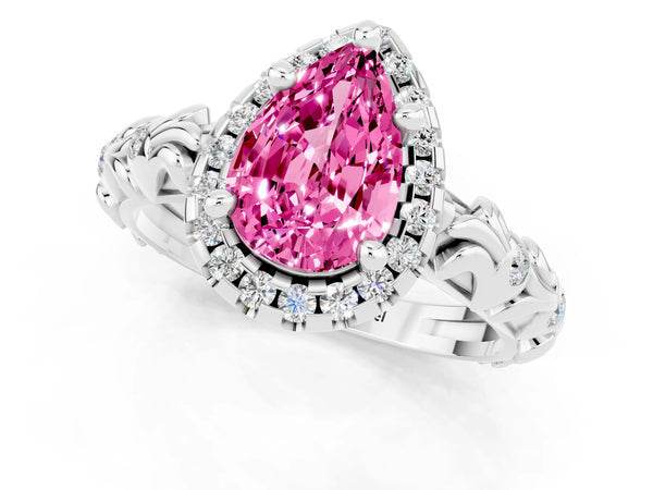 Platinum Pear Cut Pink Sapphire Halo Ring with Filigree Band and Prong Setting