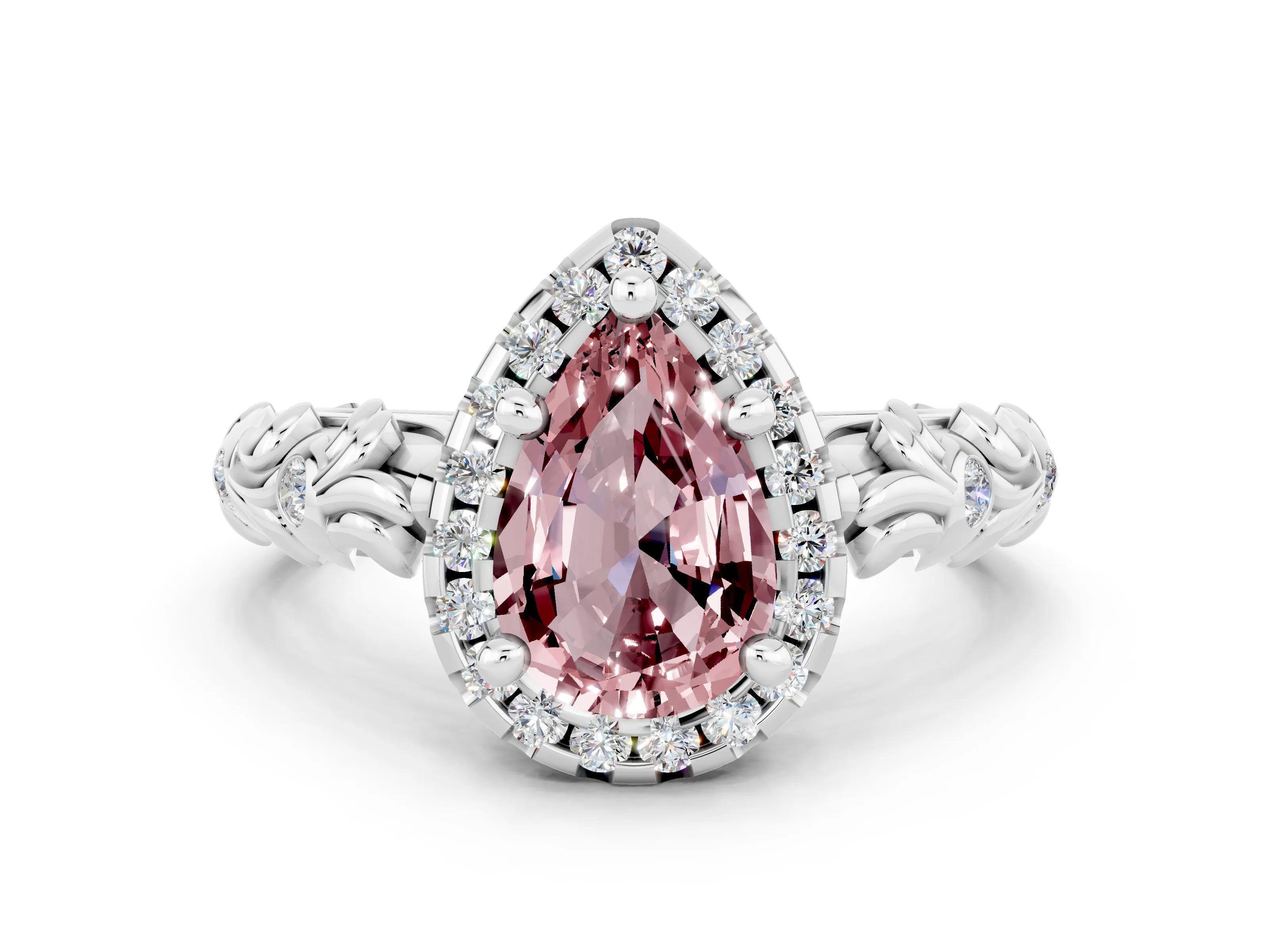 White gold Pear Cut Halo Diamond Solitaire with Filigree Band and Four-Prong Setting